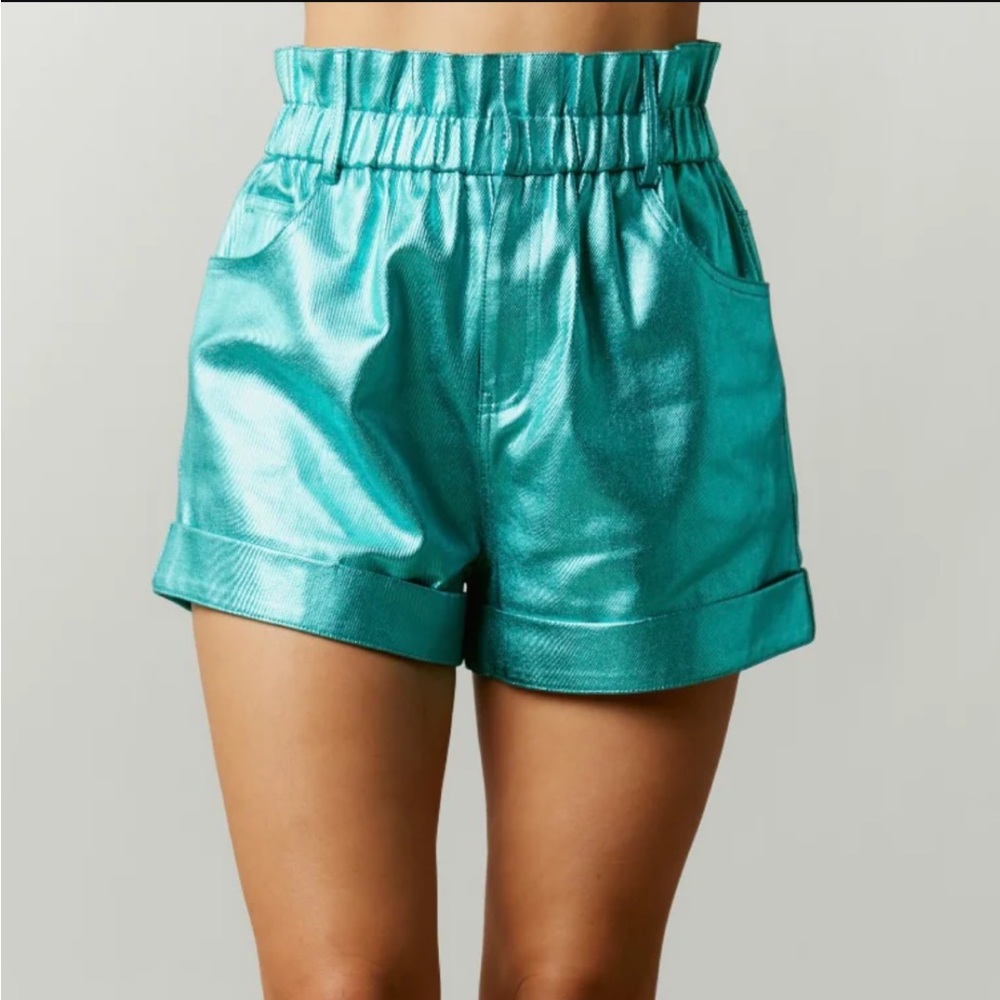 Fantastic Fawn Paper Bag Metallic Shorts Womens Teal
